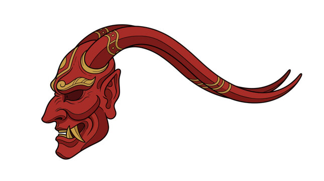 Red demon mask profile with long trailing horn.