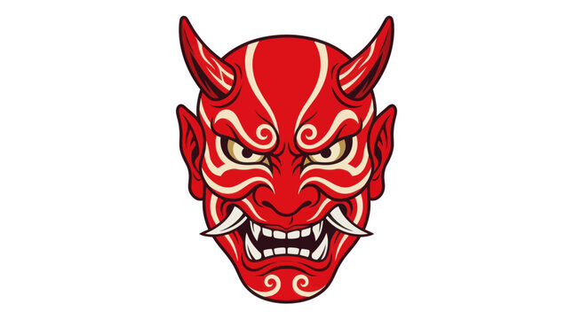 Red Japanese Hannya mask with sharp horns and teeth.