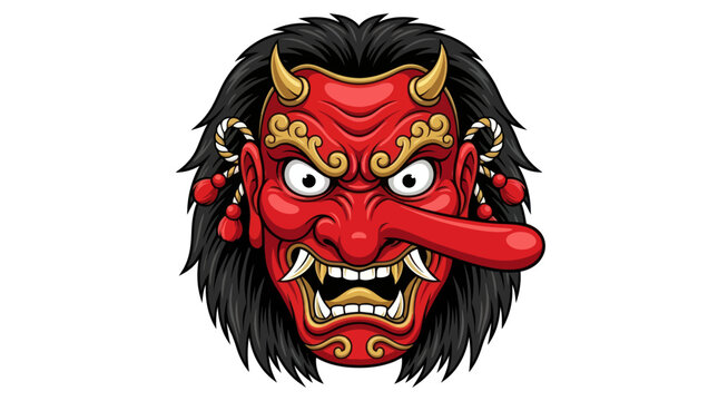 Red Japanese tengu mask with long nose and hair.