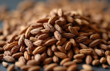 Obraz premium Pile of dried cumin seeds, aromatic spice, organic ingredient close up. Healthy food preparation and cooking concept. Natural brown seeds texture.