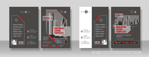Brochure cover creative design. Multipurpose universal template, include cover and back pages. Trendy flat geometric style. Two sample layouts and color schemes. Vertical book a4 format. Scale 3:1