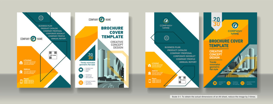 Brochure cover creative design. Multipurpose universal template, include cover and back pages. 
Trendy flat geometric style. Two sample layouts and color schemes. Vertical book a4 format. Scale 3:1