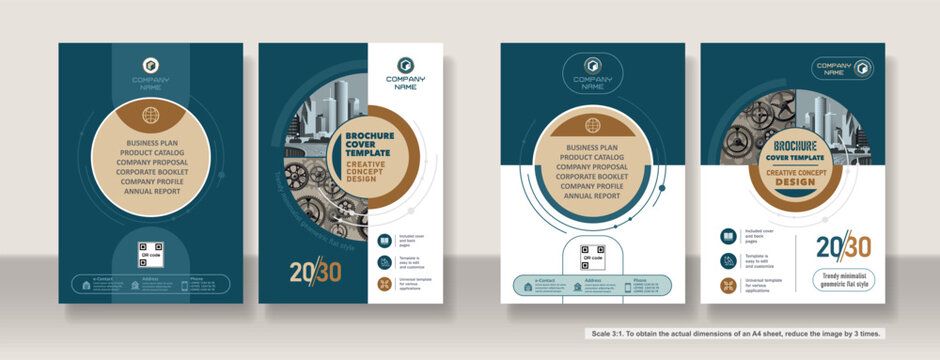 Brochure cover creative design. Multipurpose universal template, include cover and back pages. 
Trendy flat geometric style. Two sample layouts and color schemes. Vertical book a4 format. Scale 3:1