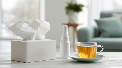 Fototapeta premium Tissue box, nasal spray and herbal tea on bright home table, cold and flu treatment, seasonal allergy and healthcare concept