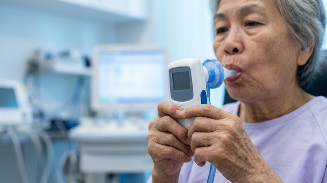 An elderly Asian woman is using a spirometer (to check lung function) in a hospital. Close-up