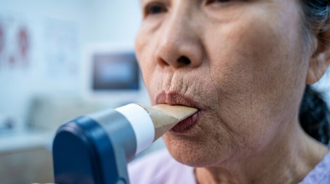 An elderly Asian woman is using a spirometer (to check lung function) in a hospital. Close-up