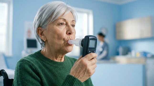 Senior woman performing a lung function test with a portable spirometer for respiratory health assessment