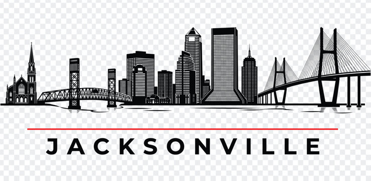 Jacksonville florida city skyline silhouette with iconic landmarks and text