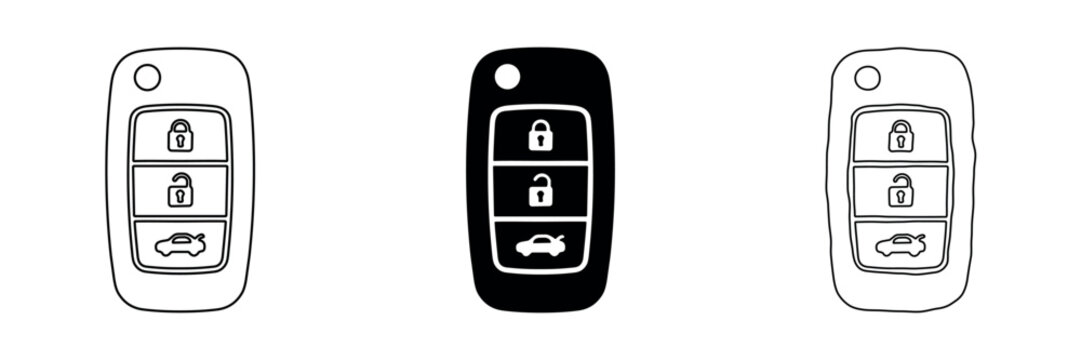 Set of three car key fobs with lock, unlock, and trunk buttons