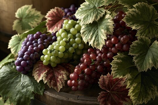Grapes in three colors&mdash;red, green, and purple&mdash;lie on a wooden plate.