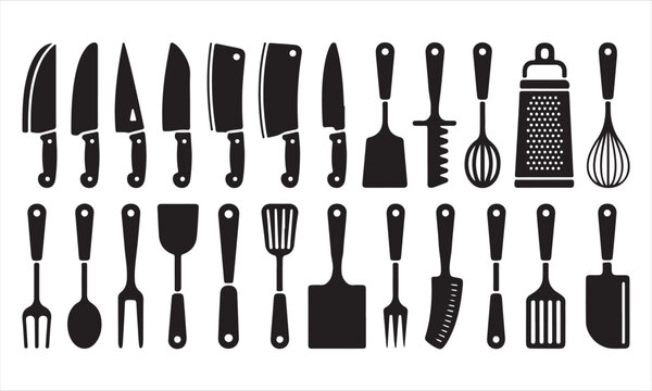 Modern kitchen utensil icon collection featuring chef knives cleaver grater whisk spatula carving fork cookware pot and cooking tools in clean black silhouette vector style isolated on white backgroun