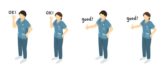 Obraz premium アイソメトリックイラスト：OKとGOODのジェスチャーをする看護師男女(緑)