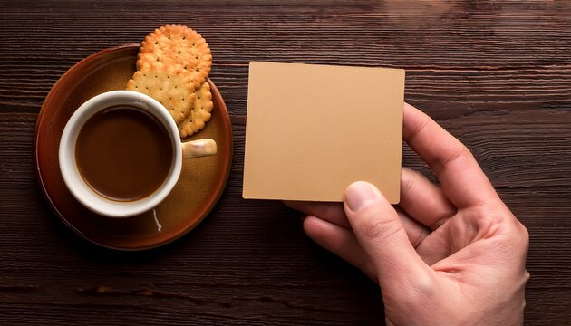 overhead view of a hand holding a blank tan notecard next to a dark brown espresso cup saucer and spicy crackers on a dark wood surface