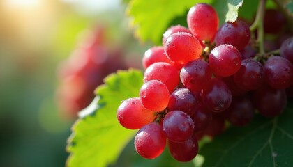 Fototapeta premium Ripe red grapes with water drops on vine. Healthy organic fruit hangs on tree branch. Fresh harvest in sunlight with green leaves. Sweet juicy food from garden.