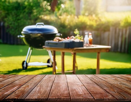 summer time in backyard garden with grill bbq wooden table blurred background
