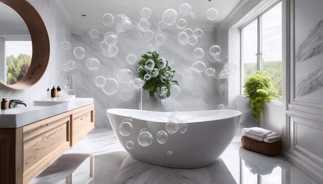 a clean white marble bathroom bubbles everywhere