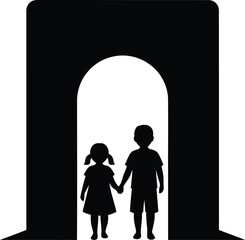 Obraz premium Silhouette of little boy and girl walking through stone arch vector illustration