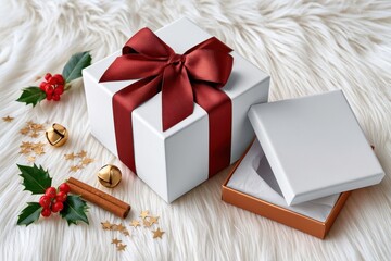 Fototapeta premium Christmas gift box with red ribbon and holly on white faux fur flat lay for holiday mockup