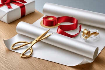 Fototapeta premium Christmas gift wrapping scene with white paper, red ribbon and gold scissors on wooden table