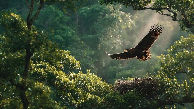 Majestic eagle soaring over a lush forest canopy with chicks in a nest below symbolizing freedom and natures power captured in natural light