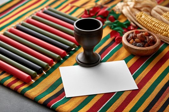 Kwanzaa unity cup (kikombe cha umoja) with kinara candles and harvest symbols on colorful cloth
