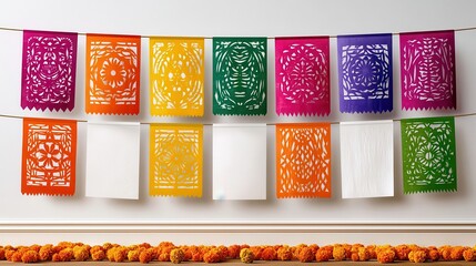 Fototapeta premium Colorful papel picado banners and marigold garland for Day of the Dead celebration and altar decor