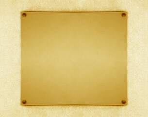 Fototapeta premium golden gold yellow metal iron sign plate hanging hang on white grey concrete wall Mockup mock up mock-up template blank. Business plate 3D rendering