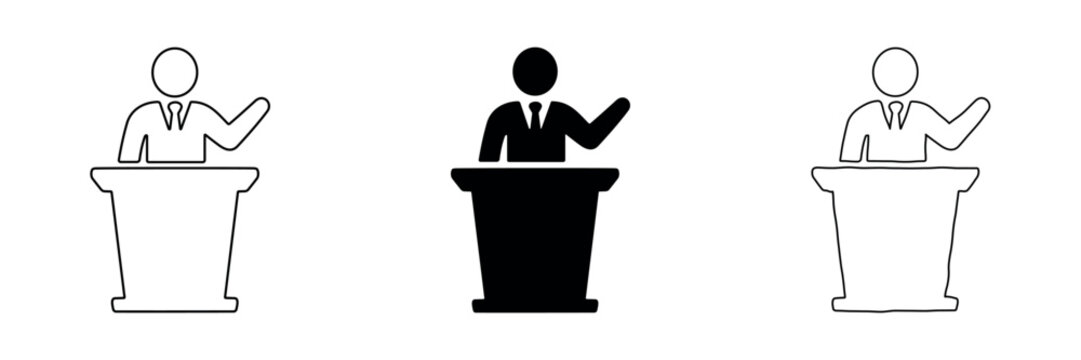 Speaker at podium icons in outline and solid black styles