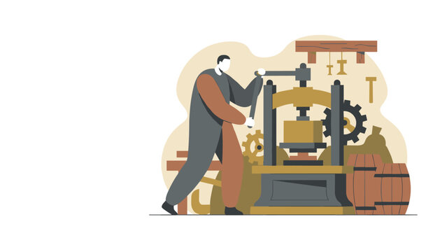 Skilled worker operating a traditional printing press machine to symbolize industrial manufacturing, manual labor, craftsmanship, and historical printing processes.