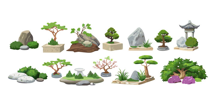 Miniature Japanese garden and bonsai tree collection, vector
