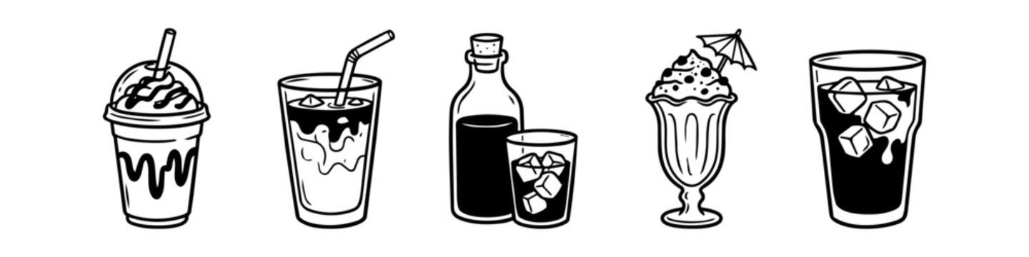 Set of minimalist black and white line art icons featuring iced coffee, frappes, and milkshakes. Clean vector illustrations of cold beverages for menus and design.