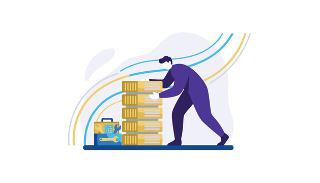 Technician working on server maintenance and data infrastructure using a tool kit to repair hardware in a professional environment.