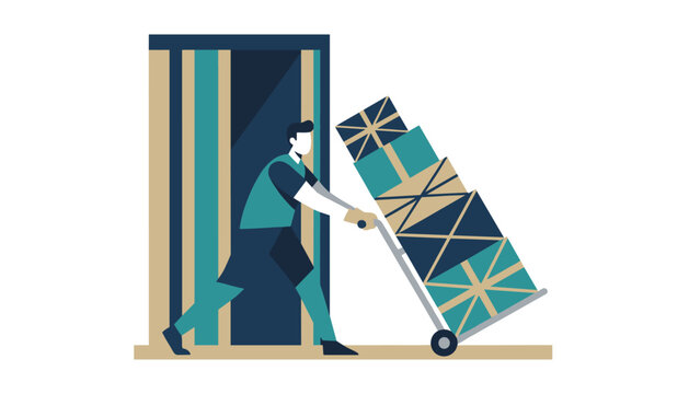Person moving a stack of cardboard boxes on a hand truck to signify delivery, logistics, warehouse management, and professional shipping services.