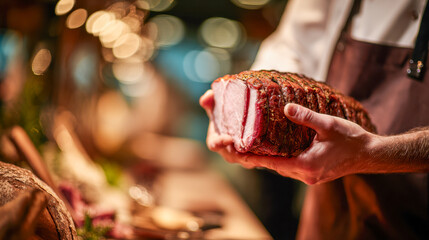 Obraz premium Chef holding a seasoned roast beef joint in a busy kitchen environment with warm bokeh lighting in the background for gourmet cooking concepts