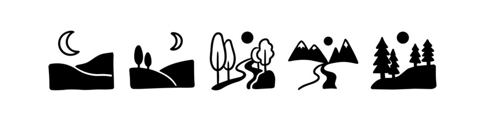 Set of minimalist landscape icons featuring mountains, forests, hills, and celestial bodies in a hand-drawn black silhouette style. Ideal for simple branding, UI design, and nature themes. © Trends