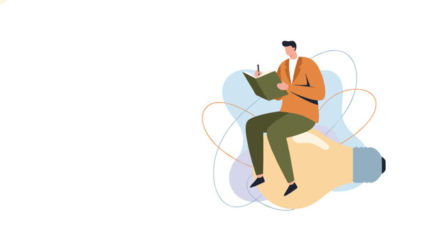 Creative thinker sitting on a glowing lightbulb and writing ideas in a notebook, symbolizing inspiration, innovation, brainstorming, and creative thinking.