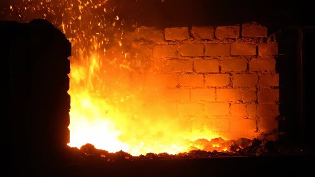 Intense flames erupt from a fiery furnace, illuminating a brick wall