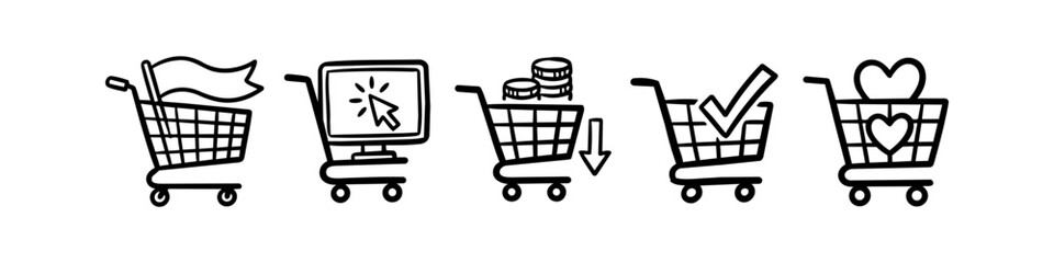 A collection of hand-drawn shopping cart icons depicting online commerce actions like sales, digital selection, price drops, successful checkout, and wishlist favorites. © Trends