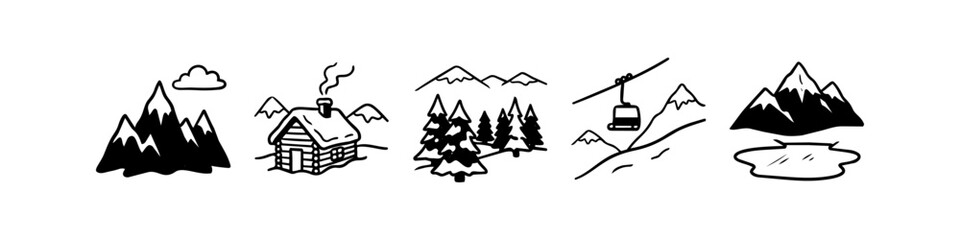 Hand-drawn winter mountain doodle set. Features snow peaks, cozy log cabin, pine forest, ski lift, and lake reflections. Minimalist black line art for nature and travel design themes. © Trends