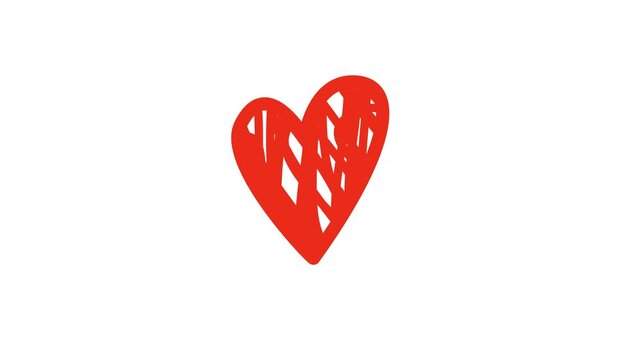 Red hand drawn scribble heart beating and swaying on white background. Sketch doodle style, seamless loop suitable for love, valentines, and social media content.