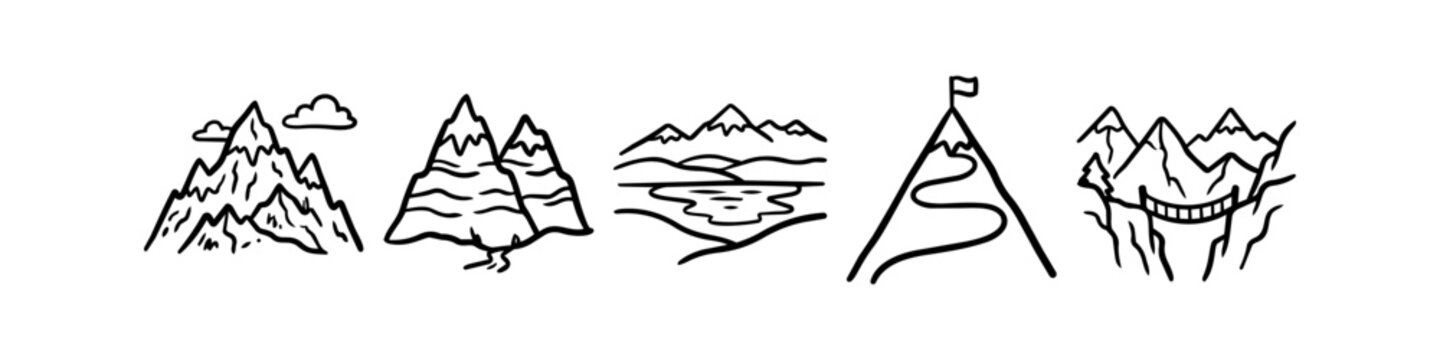 Set of hand-drawn mountain icons in minimalist line art. Features peaks, clouds, hiking paths, flags, and bridges for adventure, travel, and goal-oriented designs.