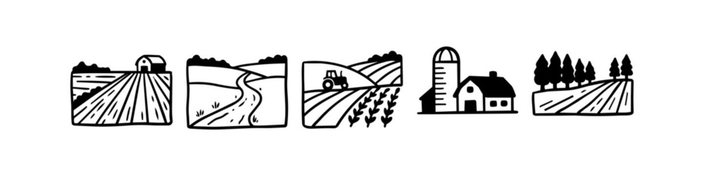 Minimalist black and white hand-drawn farm landscape icons featuring barns, tractors, and rural fields. Ideal for rustic agricultural branding and labels.