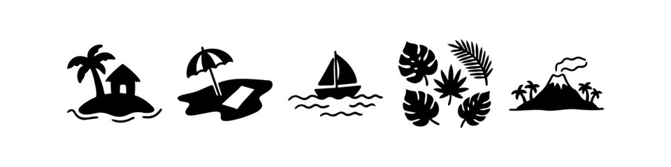 Set of black tropical icons featuring islands, sailboat, beach gear, foliage, and volcano. Minimalist graphic for travel and summer themes. © Trends