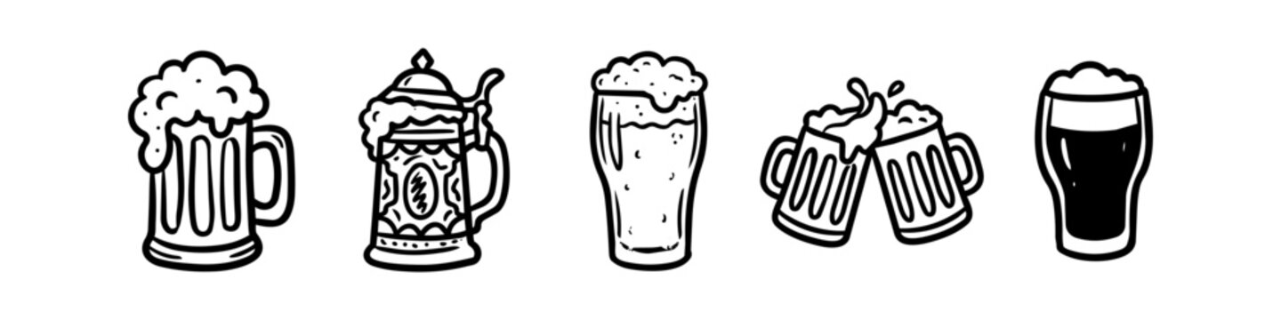 A set of hand-drawn beer mug and glass icons in a doodle style. Minimalist line art featuring frothy beer for Oktoberfest, pubs, and brewery themes, isolated on a white background.
