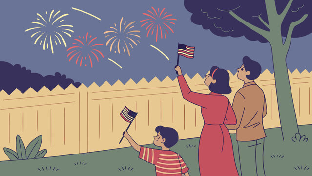 Family watching fireworks and holding flags, vector
