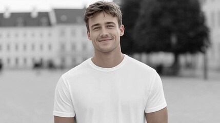 Obraz premium Fashion mockup of a man in a blank white t-shirt walking down a lively city street