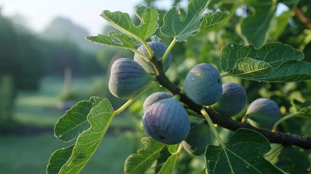 Lush green branch of a fig tree with ripe, purple fruits covered in morning dew drops. Beautiful soft sunlight illuminates the tranquil orchard scene, highlighting the fresh, organic produce