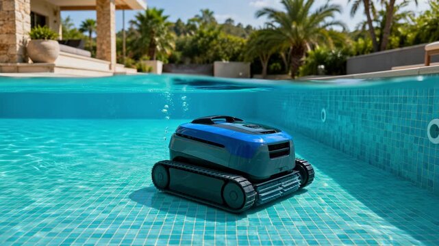 Split level view of an automatic robotic pool cleaner moving along the bottom of a swimming pool, vacuuming and cleaning the turquoise mosaic tiles during a sunny day in a luxury villa