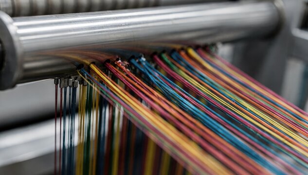 Closeup medium shot highlighting solutiondyed polypropylene carpet yarn extrusion emphasizing vibrant color penetration and consistent filament thickness.