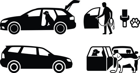 Naklejka premium Dog in Car Silhouette Set with Pet Owner Leash Trunk and Vehicle Door Elements for Travel and Pet Care Vector Illustration